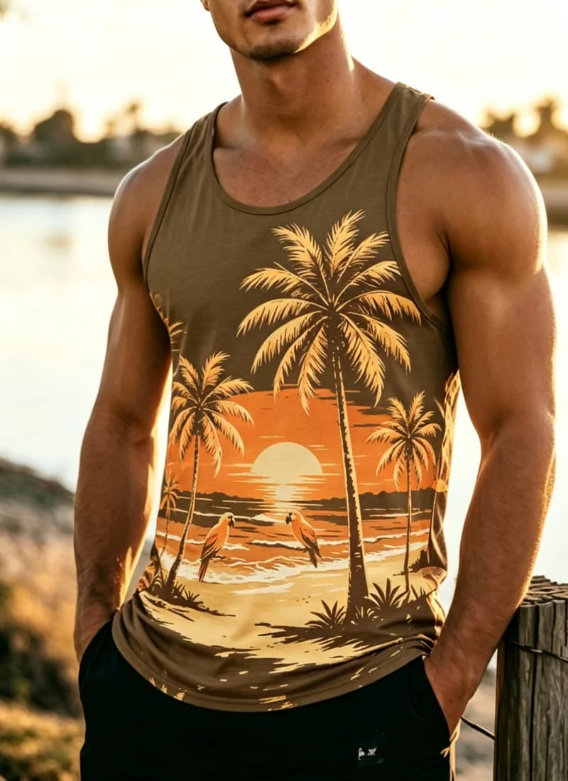 Men's Vintage Coconut Tree Sunset Wave Print Sleeveless Tank Top, for Summer Fitness, Beach Trips, Daily Outings & Casual Wear