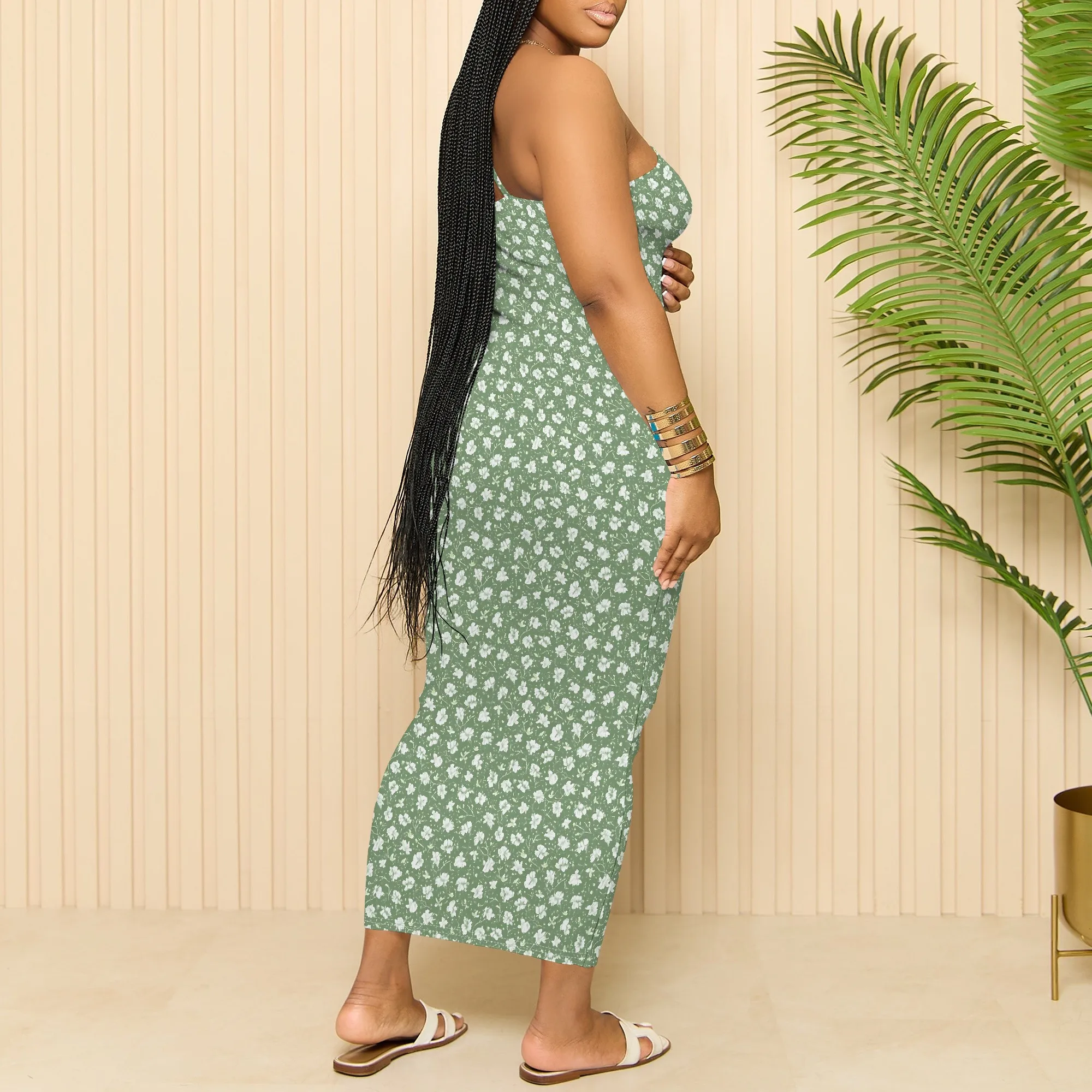 ฤดูร้อนผู้หญิงรอบคอหลวมสบายๆแฟชั่นพิมพ์ลายดอกไม้รูปแบบเซ็กซี่ Halter Bohemian Maxi ชุดยาว