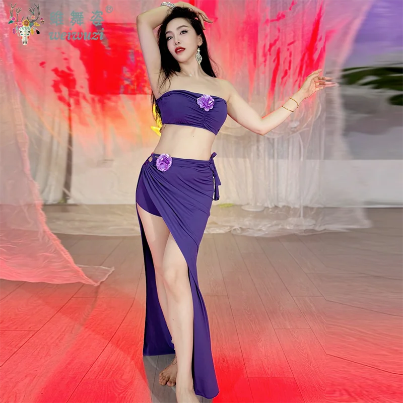 밸리 댄스 슈트 여성 성인 우아한 Strapless 탑 연습 옷 여성 셔츠 스플릿 롱 스커트 성능 의류 세트