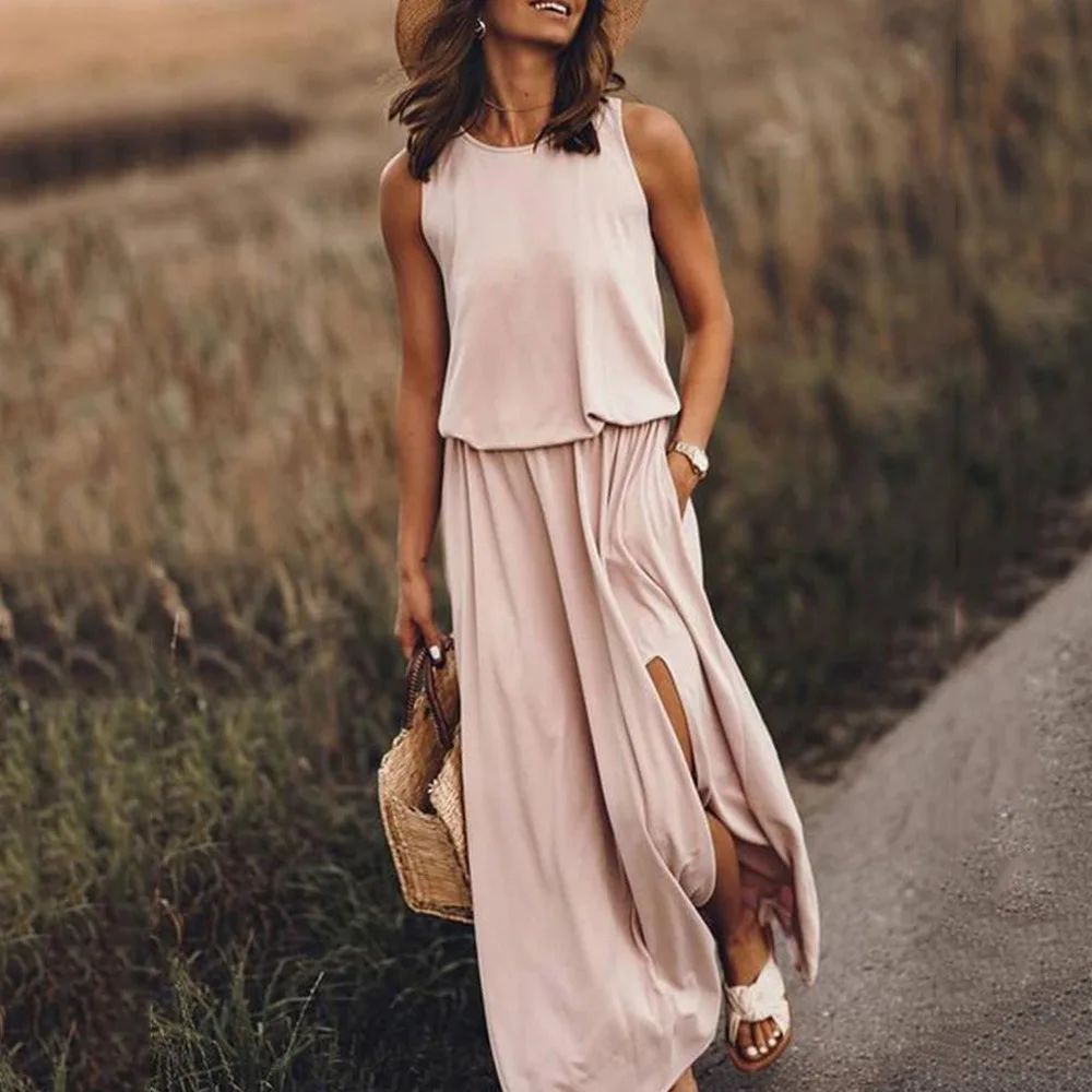 

Sleeveless Casual Summer Fashion Split Dress Loose Chic Vacation Normcore Dresses Commute Elegant French Robe Holiday Vestidos