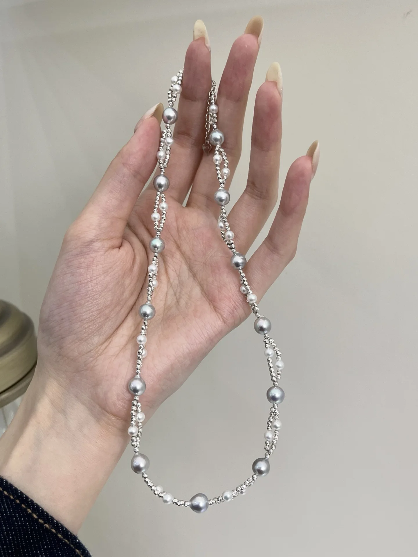 Akoya Silver Grey Pearl Jewelry Set 7-8mm & 3-4mm Freshwater Pearl Woven Necklace & Bracelet with 925 Silver for Women
