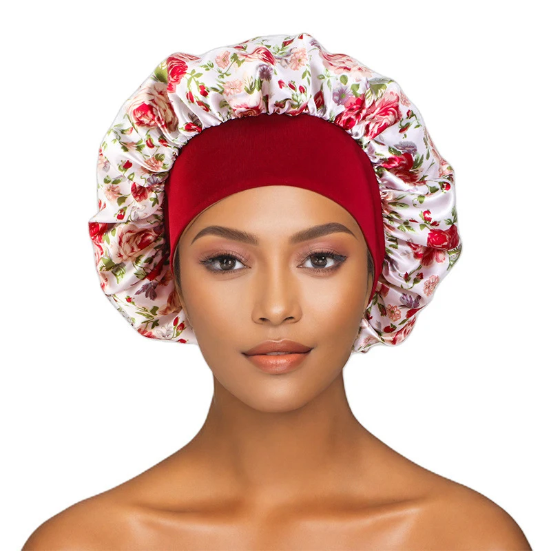 Grand Bonnet en Satin à Imprimé Floral pour Femme, Large Commande, Bonnet de Cheveux à Grande Fleur, de Nuit, de Nuit, Rond, Vêtements de Sauna Africains