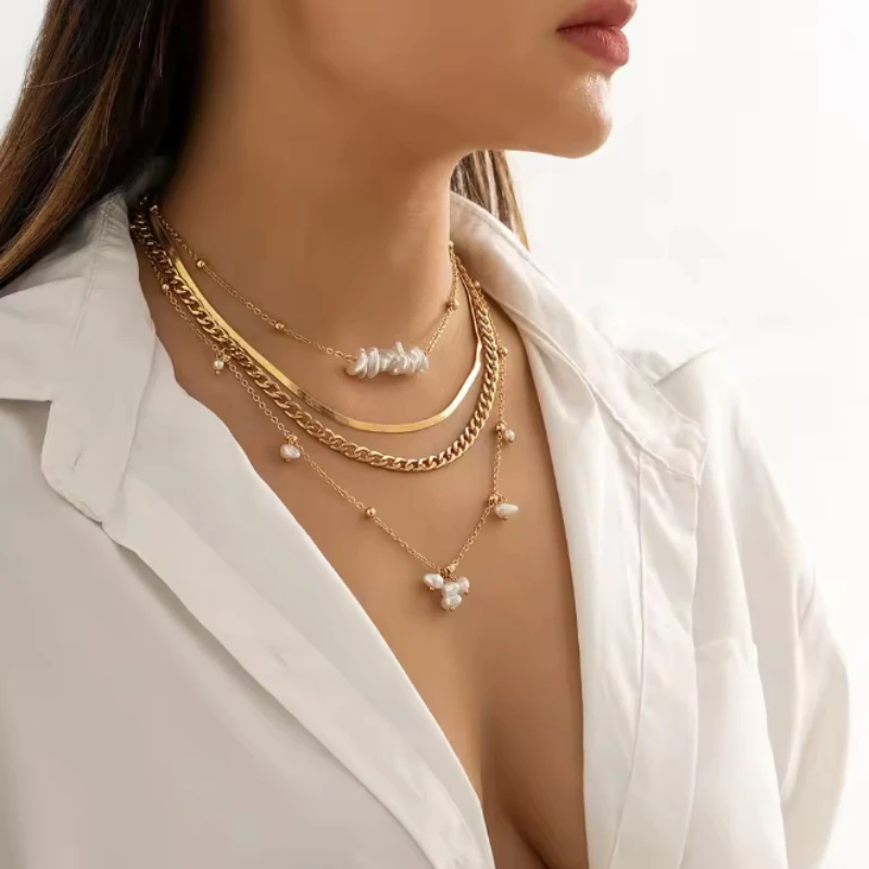 4Pcs/Set Vintage Irregular Imitation-Pearl Pendant Choker Necklace Women Wedding Bridal Goth Flat Snake Chain Neck Jewelry New