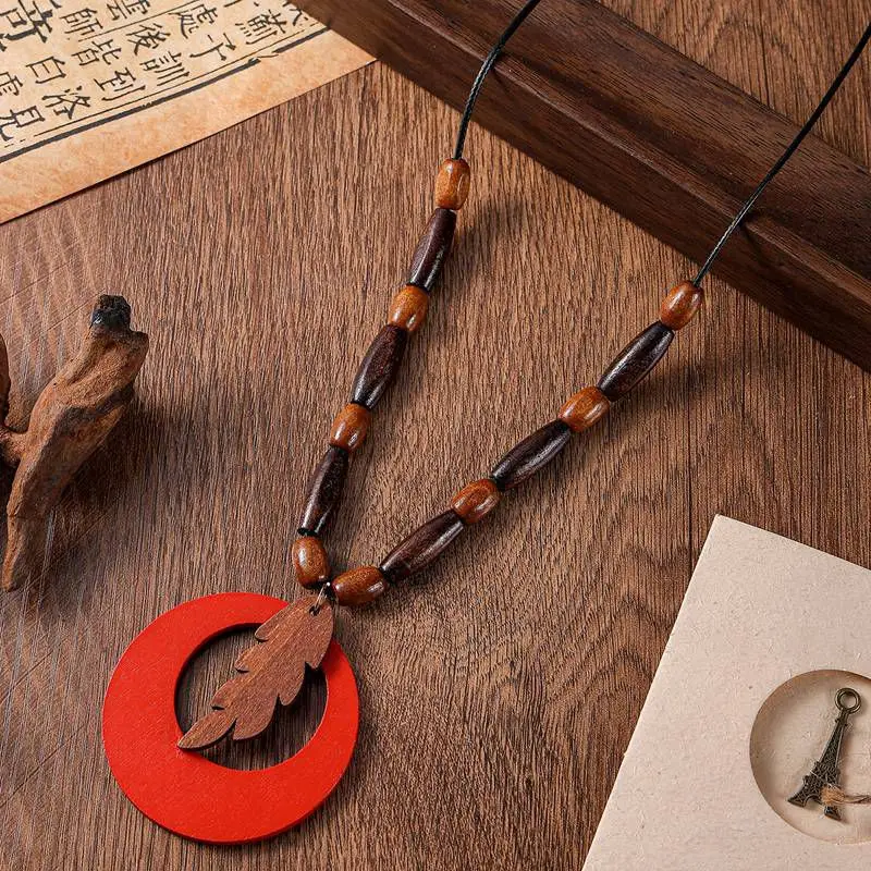 Vintage Ethnic Wood Accessories Long Necklace Handmade Beads Sweater Bohemian Necklaces for Women Daily Wear Fashion Jewelry