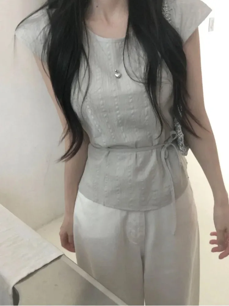 

Korean Sle Slim Fit round Ne irt with Tie Ele Design Women's Top Summer Sophistied Feelings Blouse Commute Sle