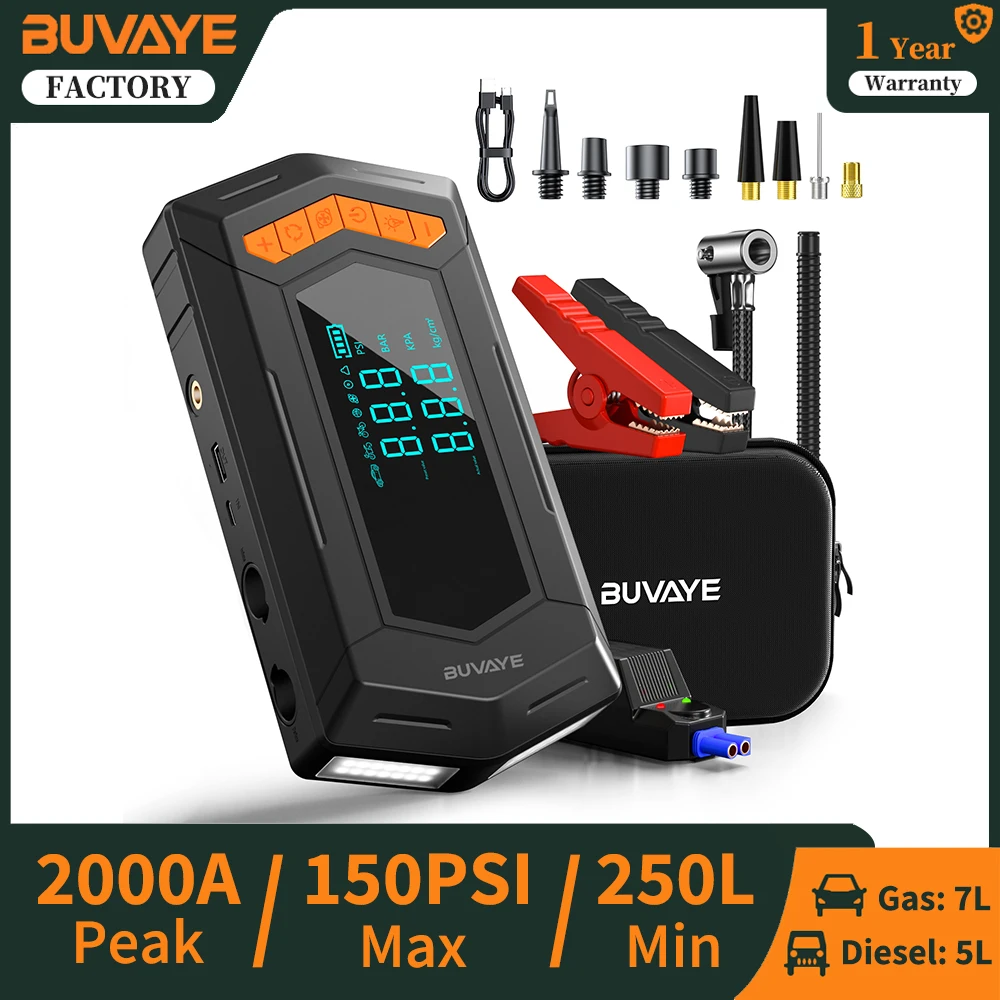 

BUVAYE Jump Starter Воздушный компрессор с воздушным насосом Портативный усилитель аккумулятора 2000 А 150PSI Электрический надувной насос 250 лмин Надувной насос