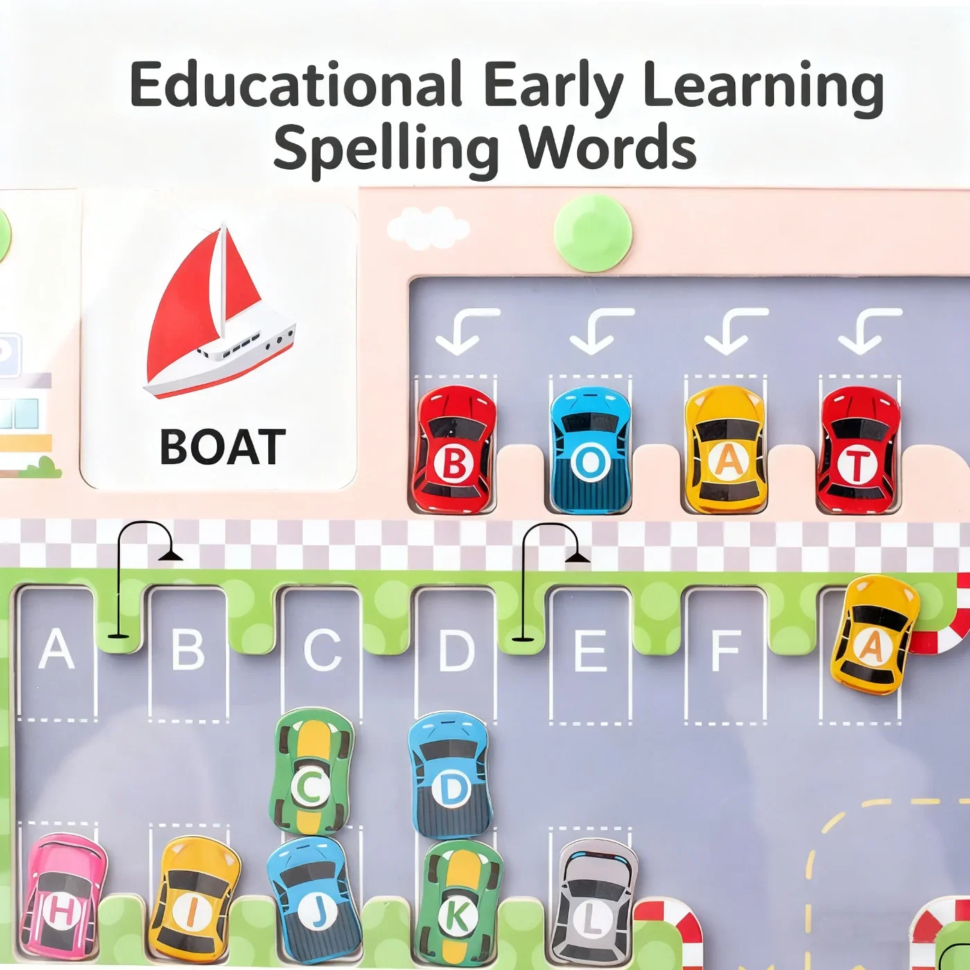 Magnetyczny labirynt samochodowy z alfabetem, zabawki Montessori, nauka liter ABC, zabawki edukacyjne dla najmłodszych, nauka słów w przedszkolu, zabawki rozwijające motorykę małą dla dzieci.