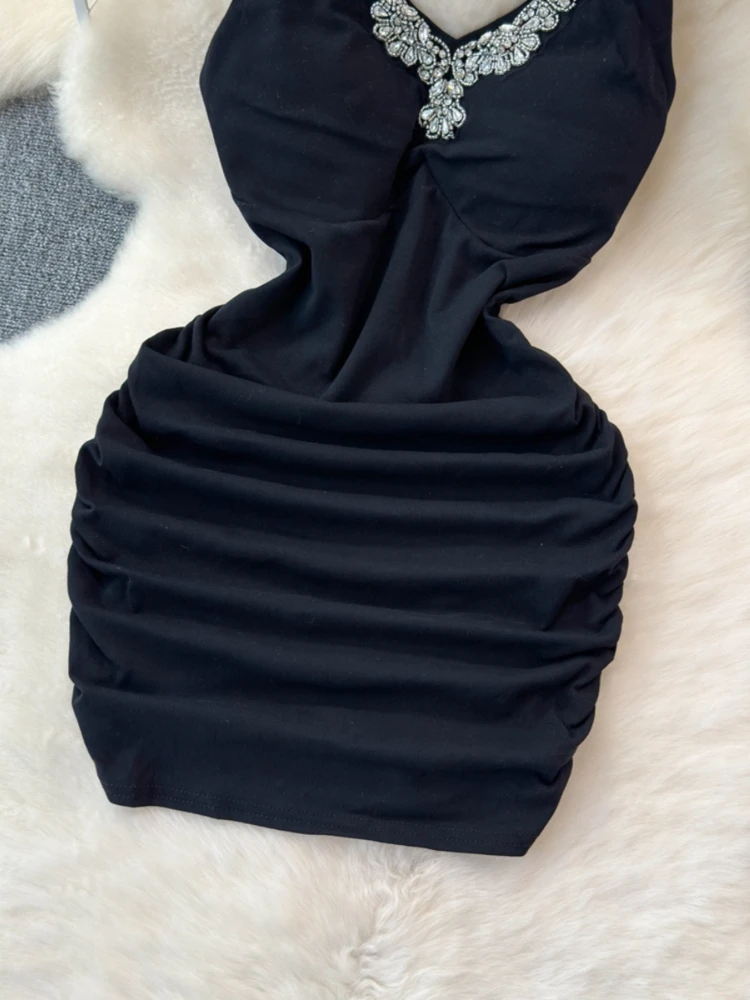 Foamlina وصول جديد فاخر الماس مزين الرسن اللباس المرأة عارية الذراعين انقطاع Ruched البسيطة حزب رداء