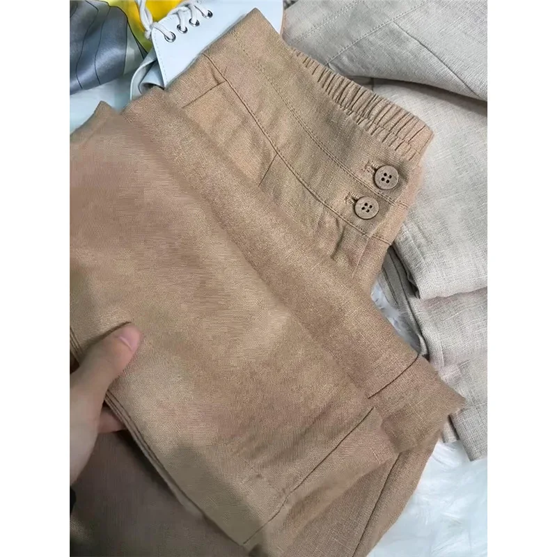 High-end Khaki Ramie Linen Wide Leg Pants Cotton Hemp Elastic High Waist Loose Casual Ankle-length Pants