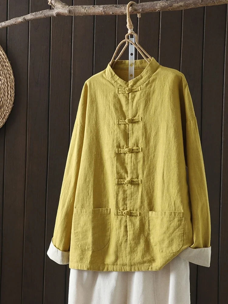 Autumnal Cotton Linen Jacket Women's Zen Tea Costume Retro Button Ethnic Style Top  Silk Stand Collar Tai Chi Garment