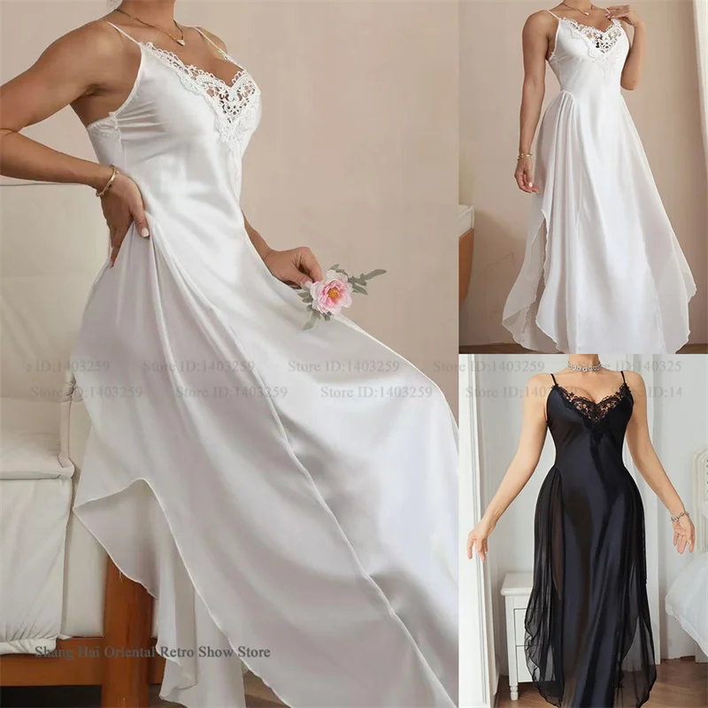 Sommer Neu Damen Langes Nachthemd Chemise Schlafanzug Sexy Patchwork Mesh Spitze Nachtwäsche Dessous Eisseide Satin Homewear Nachthemd