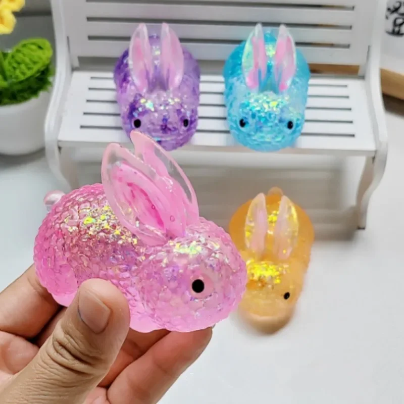 Jouet anti-stress en TPR souple à rebond lent avec paillettes, jouet à pincer en maltose, lapin coloré élastique à presser pour la décompression