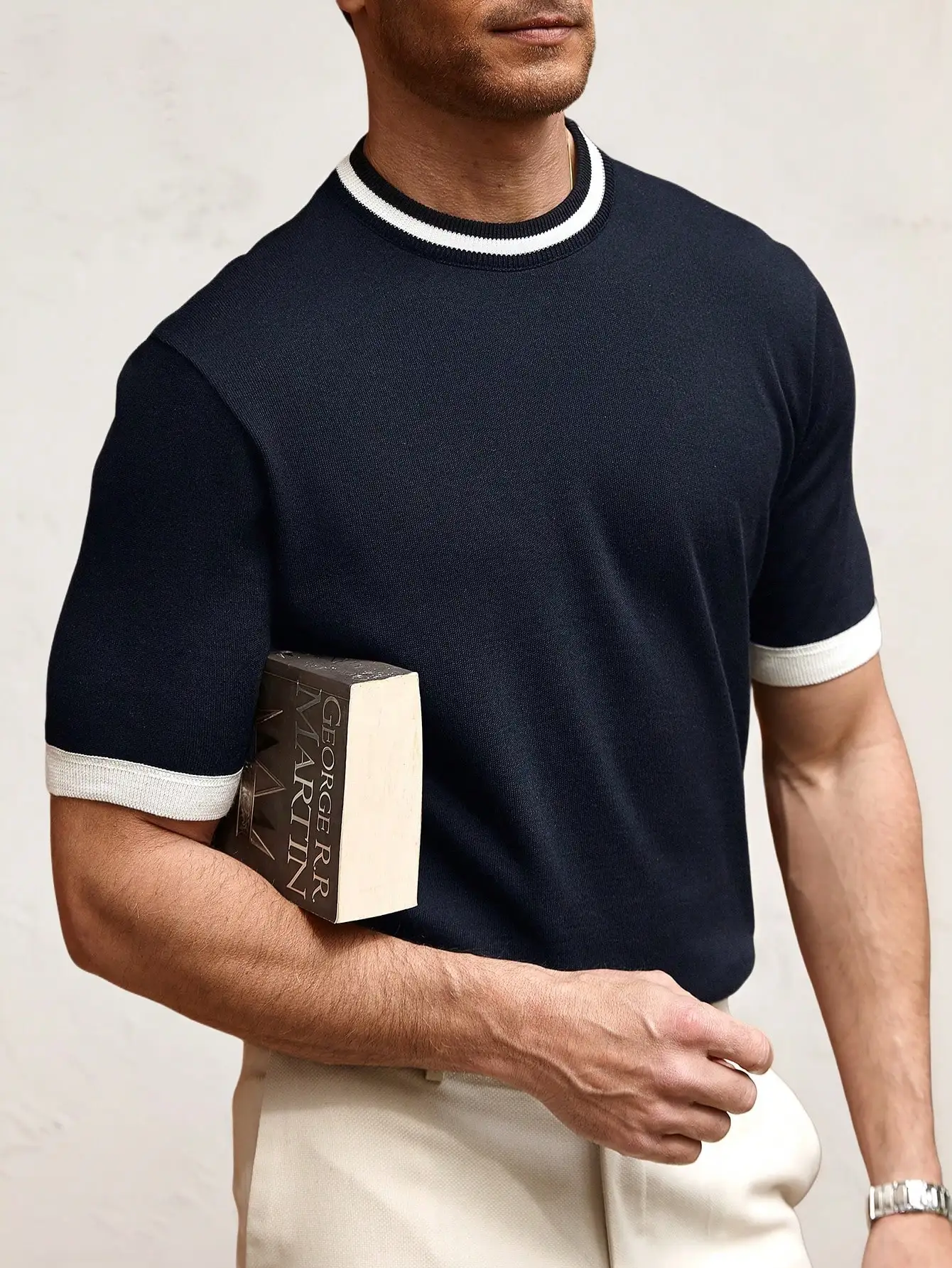 

Men's Contrast Ribbed Cuff Crew Neck Short Sleeve Knit Top for Casual Daily Wear