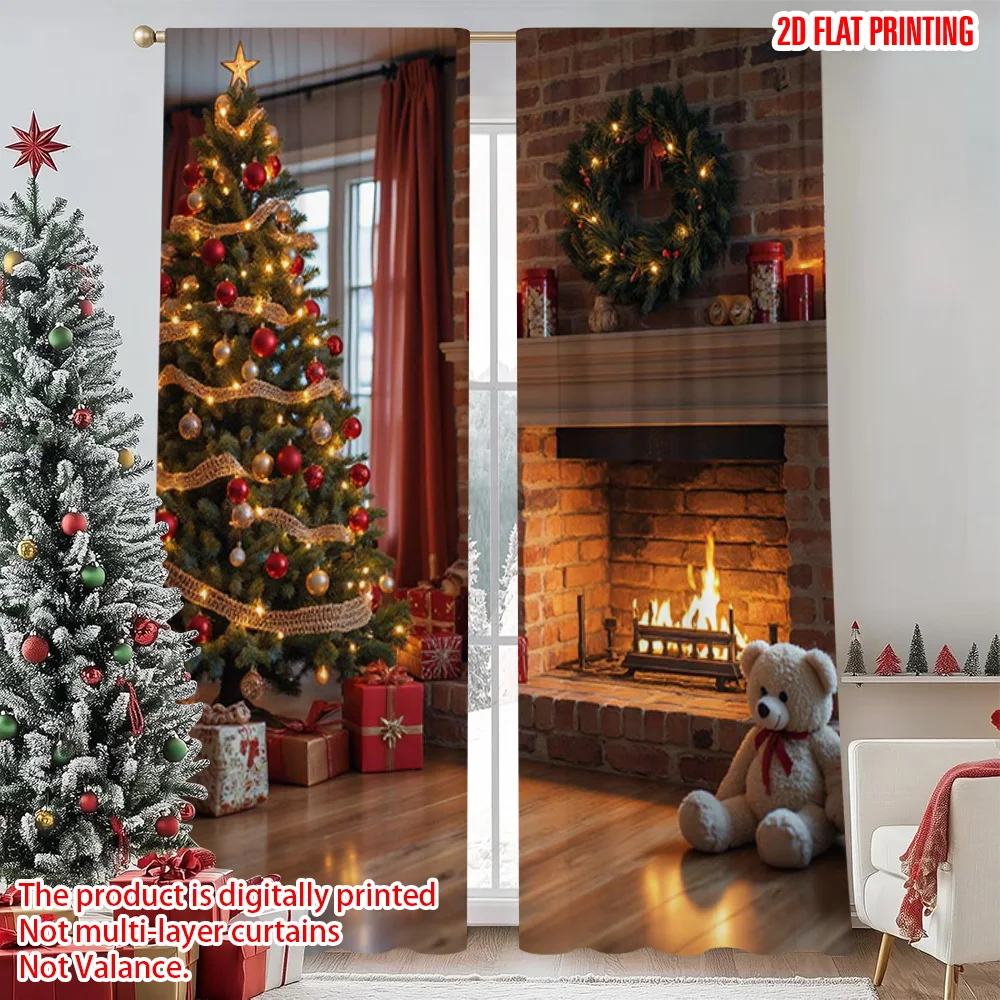 

2pcs 2D flat printing Merry Christmas Window Curtains Christmas Fabric Without Electricity Festive Holiday for Holiday Family