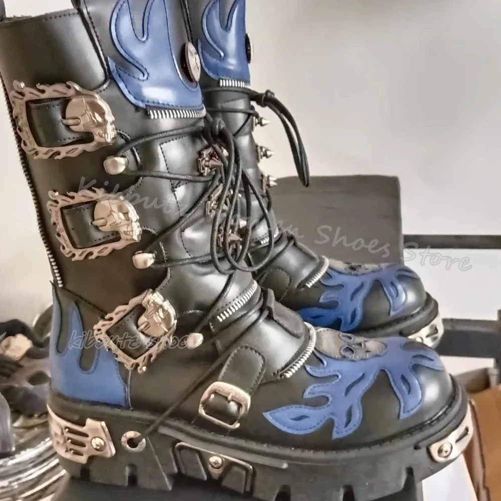 

Flames Mid Calf Boots Dark Rock Punk Metal Belt Buckle Thick Bottom Round Toe Height Increase Lace-Up Zipper Fashion Women Shoes