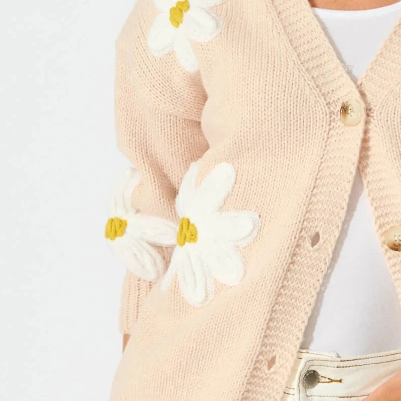 

Women Button up Sweaters Casual Crochet Flower Embroidery Long Sleeves Knit Cardigans Warm Fall Knitwear for Streetwear