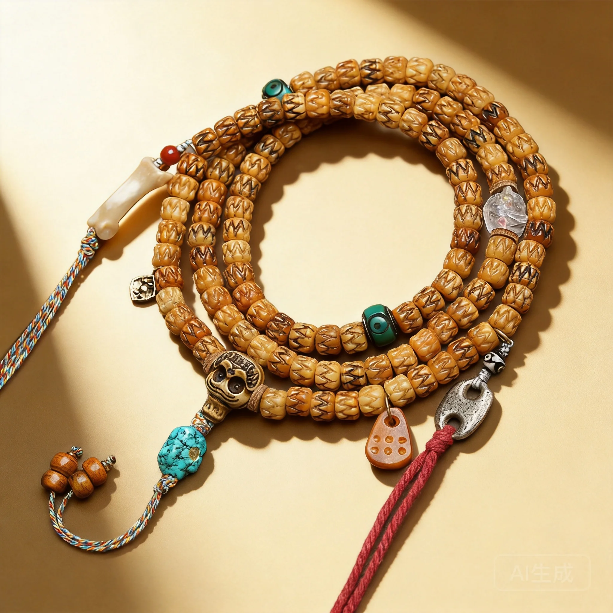 Tibetan Style 9x7mm 108 Mala Beads Bracelet Vintage Swallowing Pattern Carved Bone Prayer Beads Multi Layer Bracelet With Turquo