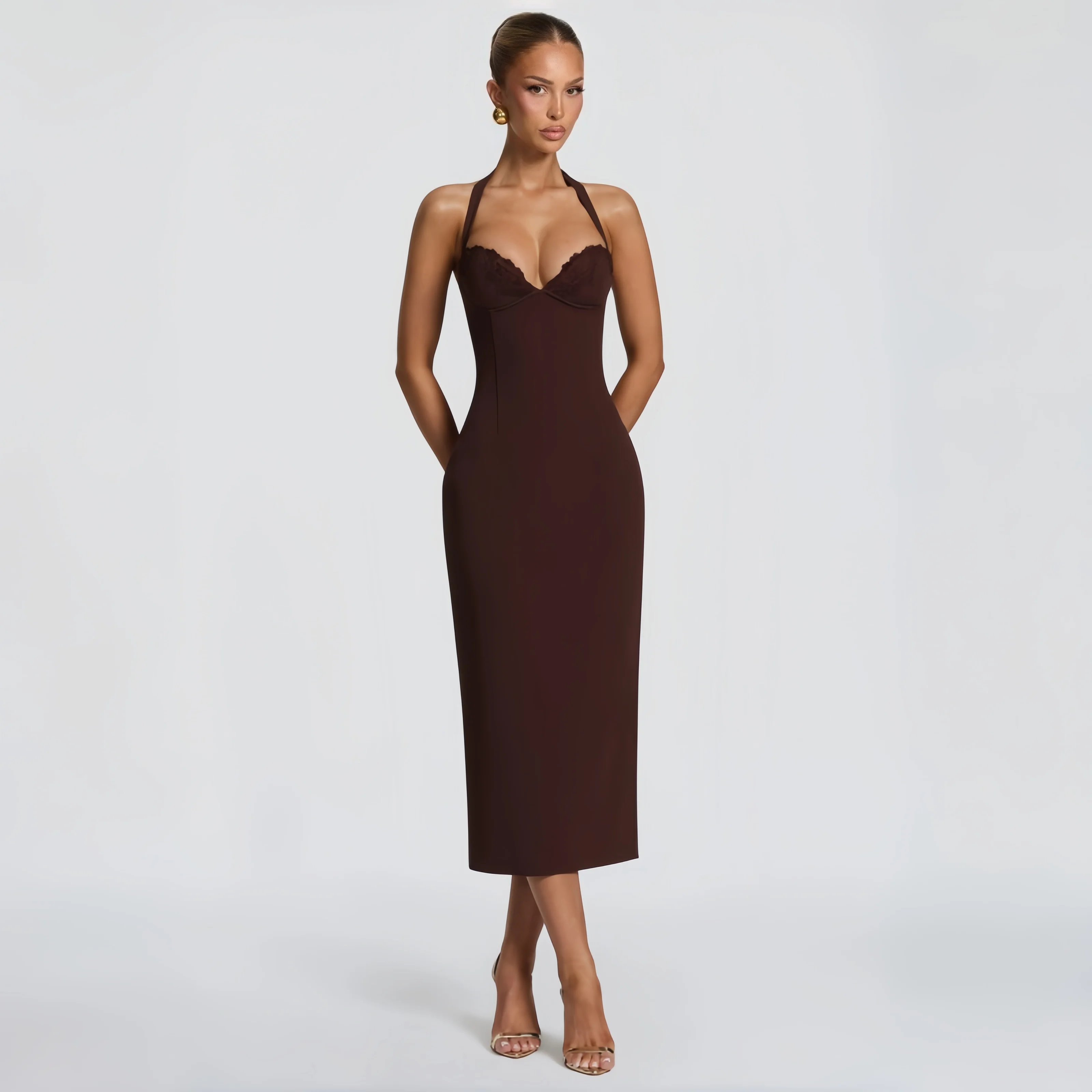 

Brown Halter Neck Lace Bustier Midi Dress Bodycon Corset Party Dress Backless Lace-Up Formal Evening Gown Wedding Guest Clubwear