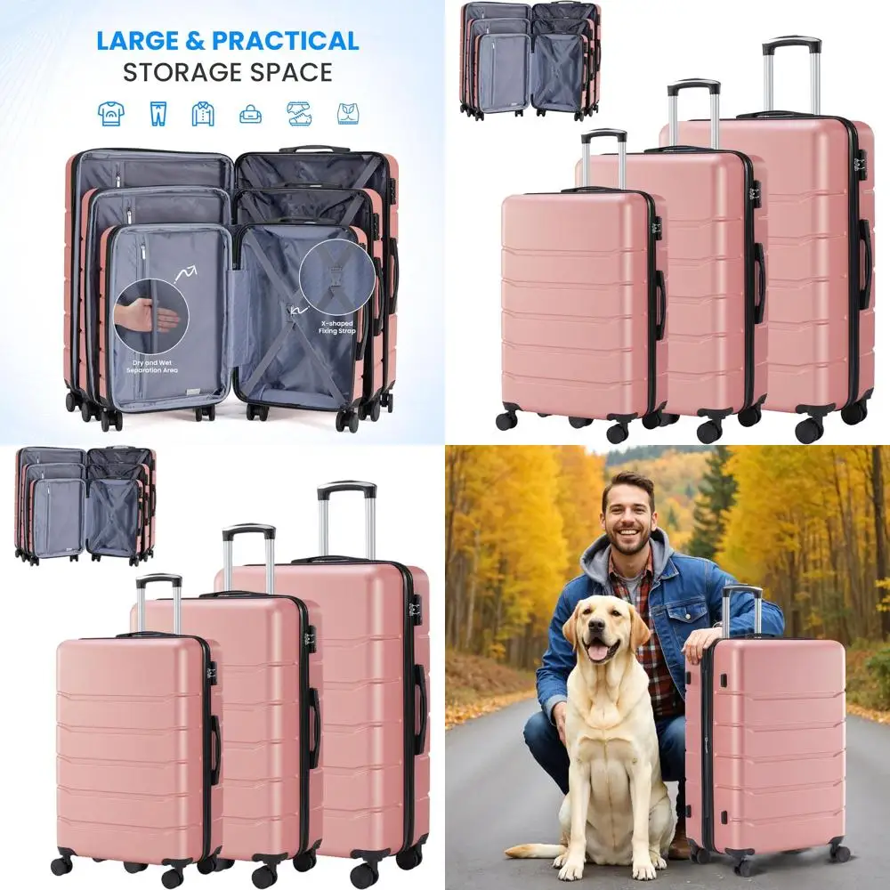 

3-Piece Deluxe Luggage Set: Expandable Hard Shell Suitcase with Double Spinner Wheels, TSA Lock, Pink