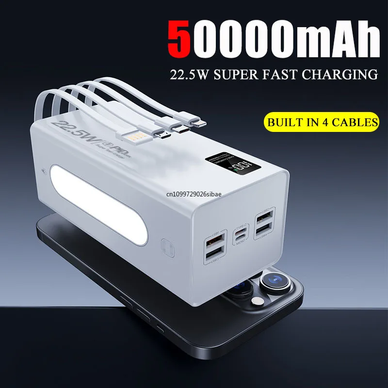 22.5W 50000mAh High Capacity Power Bank Built in 4 Cables Fast Charging Powerbank Portable Battery Charger for iPhone 16 Samsung