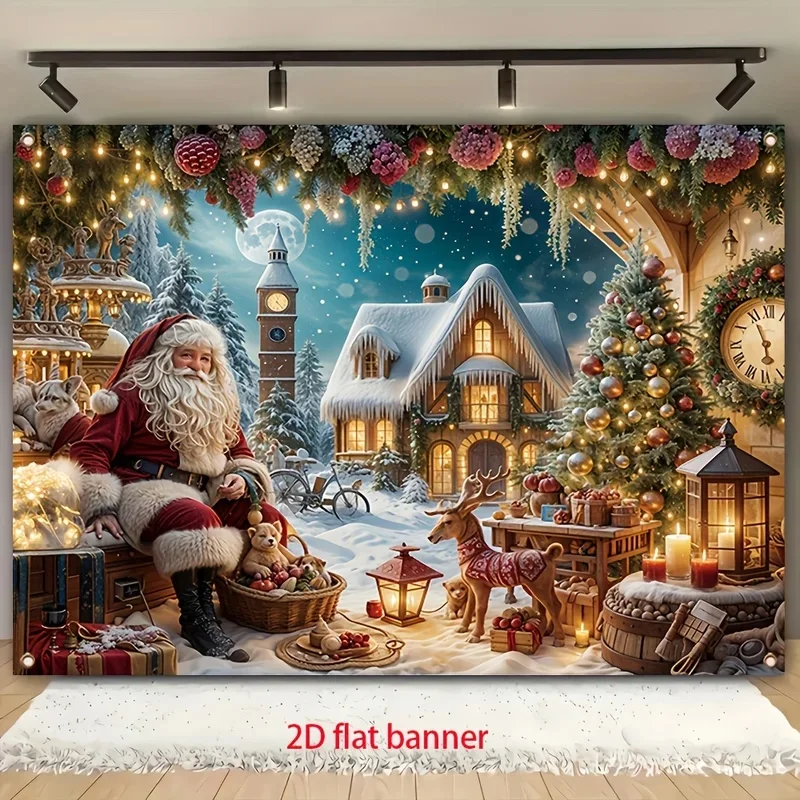VIKAMA Aesthetic Christmas Santa Tapestry Vintage Xmas Cottage Reindeer Toy Gift Snow Night Scene Wall Hanging Home Dorm Festiva