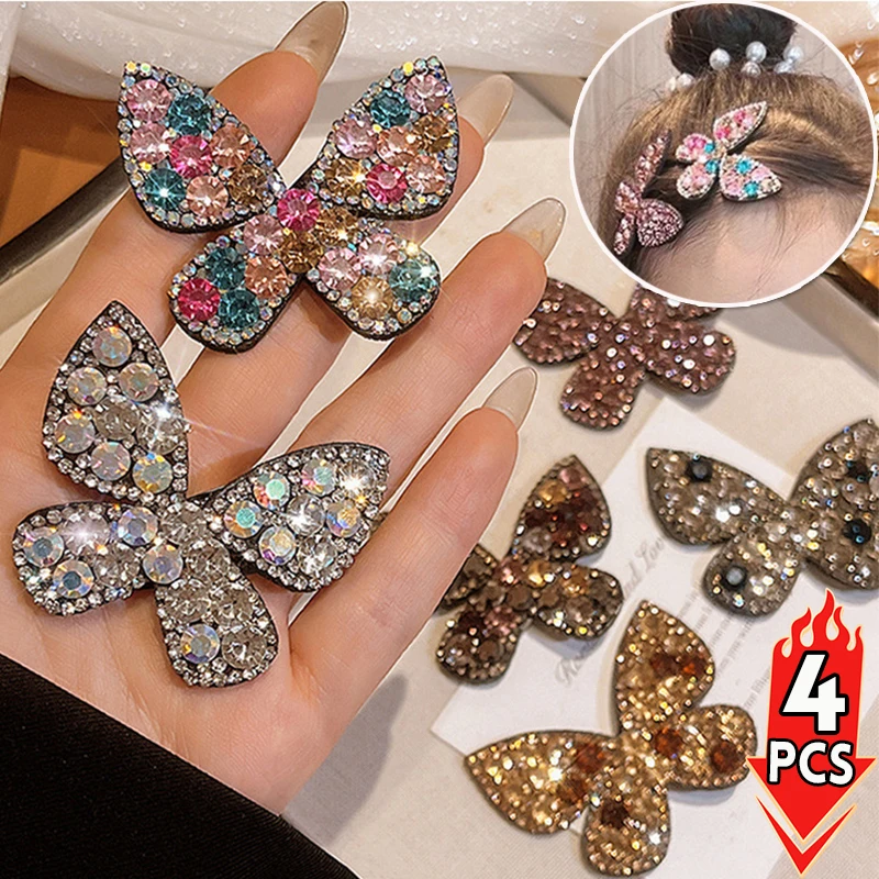 4pcs Rhinestone Butterfly Hair Clips for Women Glitter Shiny Hair Pins Headdress Girls Duckbill Hair Clips Styling Hairs Clips