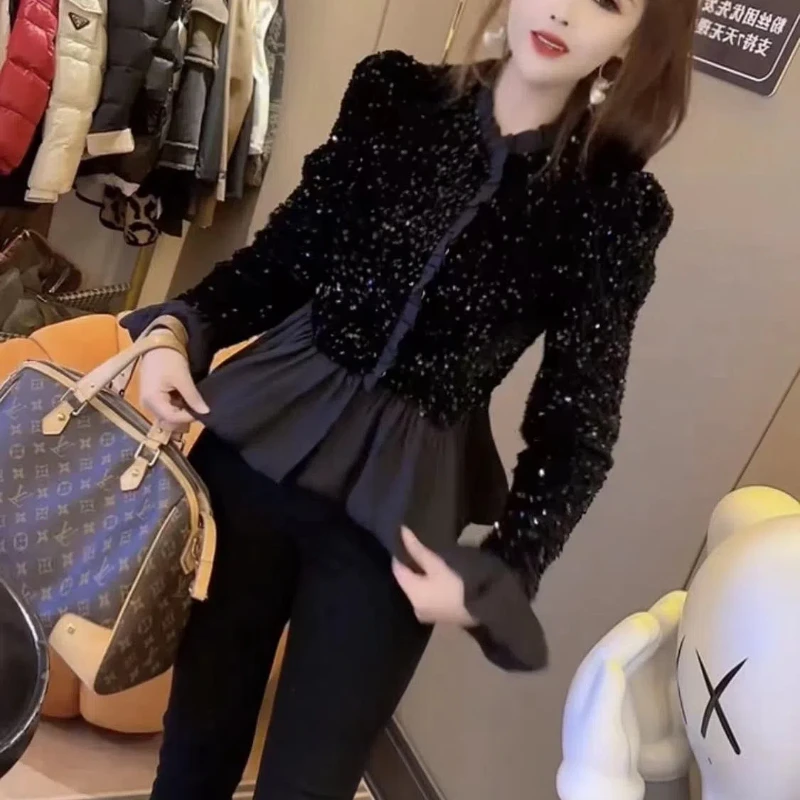 Temperament Socialite Style Sequin Patchwork Flared Sleeve Sequin Jacket Short Cardigan