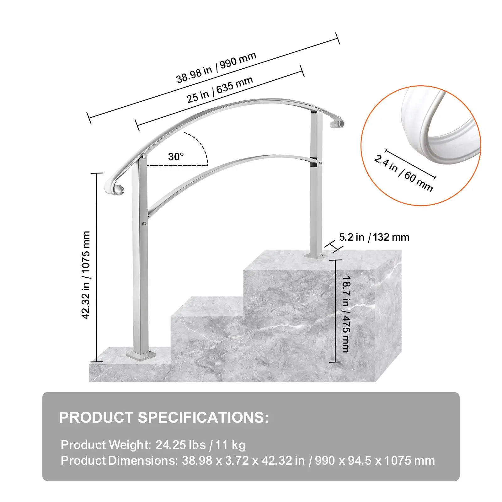 Handrails for Outdoor Steps, Fit 1 or 3 Steps Outdoor Stair Railing, White Wrought Iron Handrail, Flexible Front Porch Hand Rail, Transitional Handrails for Concrete Steps or Wooden Stairs - view 7