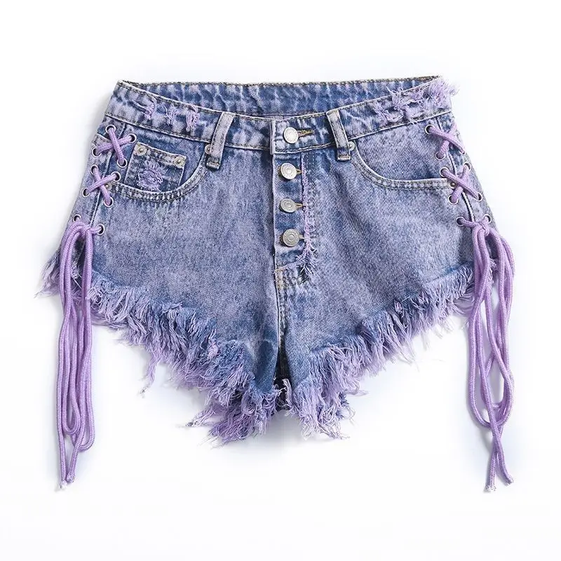 2024  Summer New Women\'s Purple Shorts Fashion Sexy Low Rise Single Breasted A-line Denim Shorts With Strap Hot Pants Female