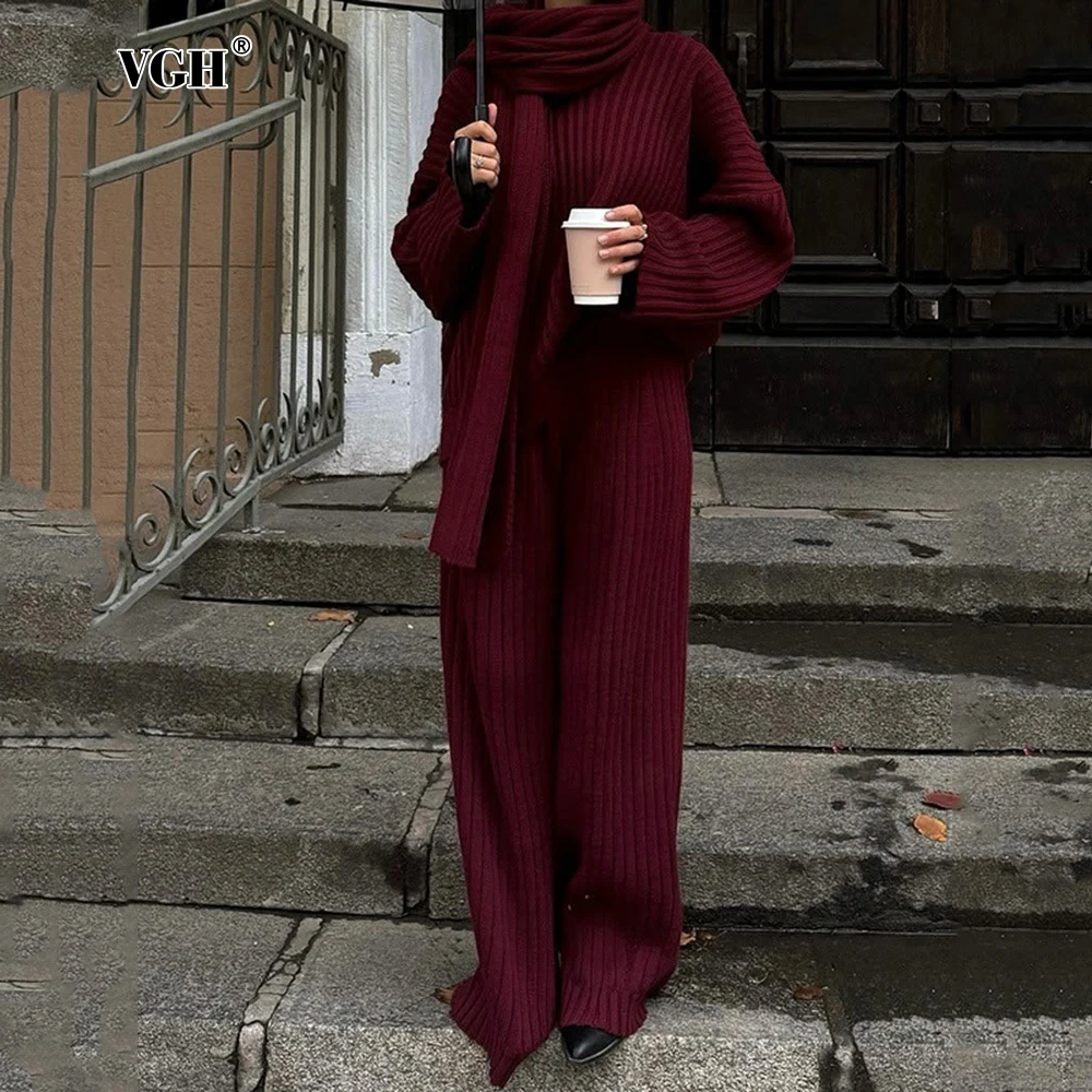 

VGH Casual Knitting Two Piece Sets For Women V Neck Long Sleeve Sweater High Wiast Wide Leg Pants Temperament Soild Set Female