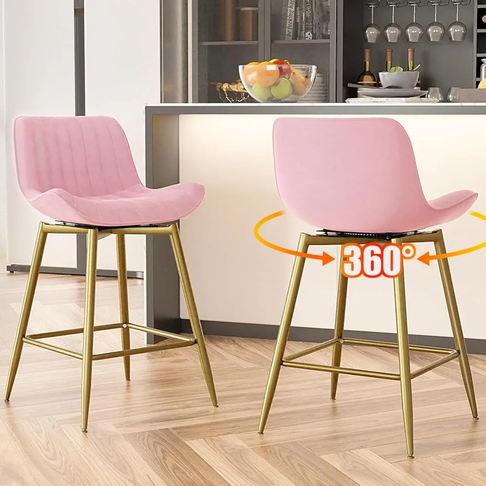 

24" Pink Swivel Bar Stools Set of 2, Velvet Counter Height Bar Stools with Back, 360° Swivel Bar Chairs with Gold Metal Legs & F