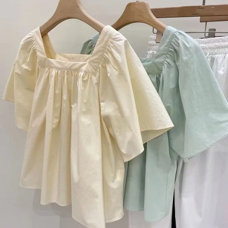 Square Collar Shirts and Blouses Korea Summer Top Women 2024 Elegant and Youth Woman Blouses Solid Fashion Short Sleeve Clolthes