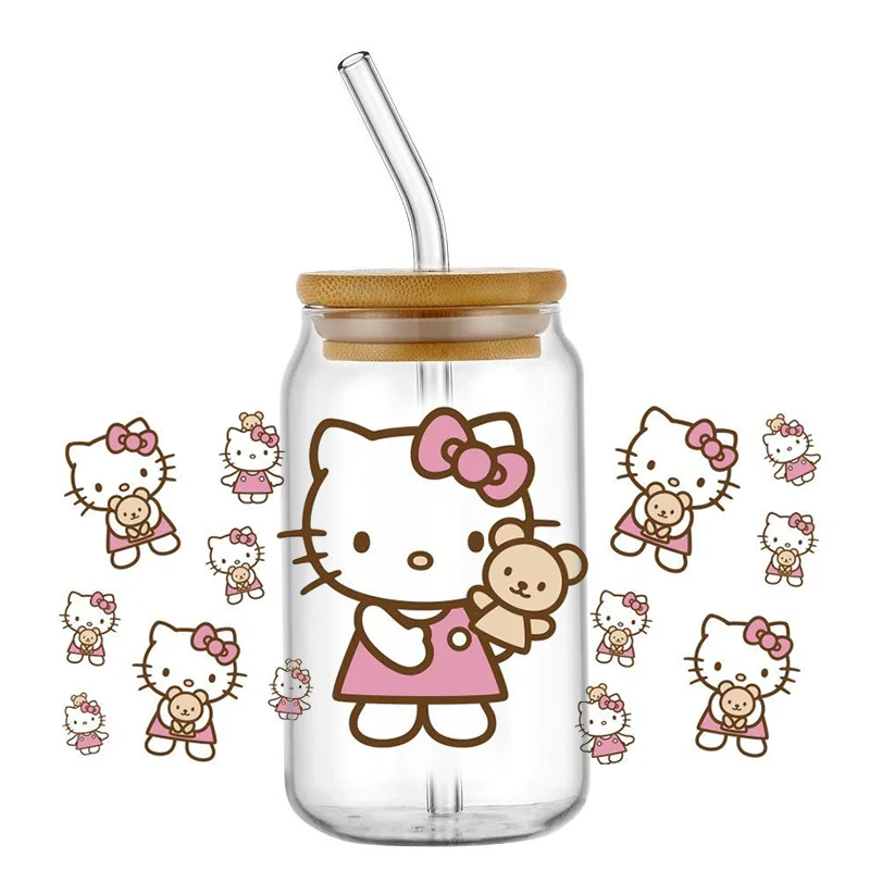 Miniso Kawaii Hello Kitty Cartoon UV DTF Cup Wrap For 16oz Libbey Coffee Glass Can Cup Wrap Easy peel waterproof DIY Wholesale