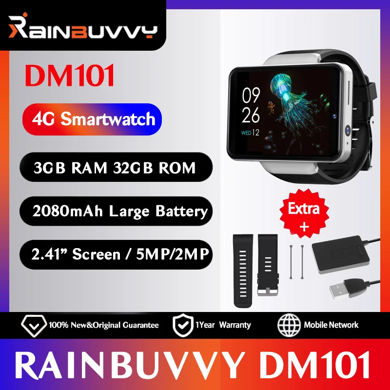 

Rainbuvvy DM101 4G LTE Smart Watch With Extra Charger Strap 2.41 Inch Touch Screen 3GB RAM 32GB ROM 5MP/2MP Dual Camera Watch