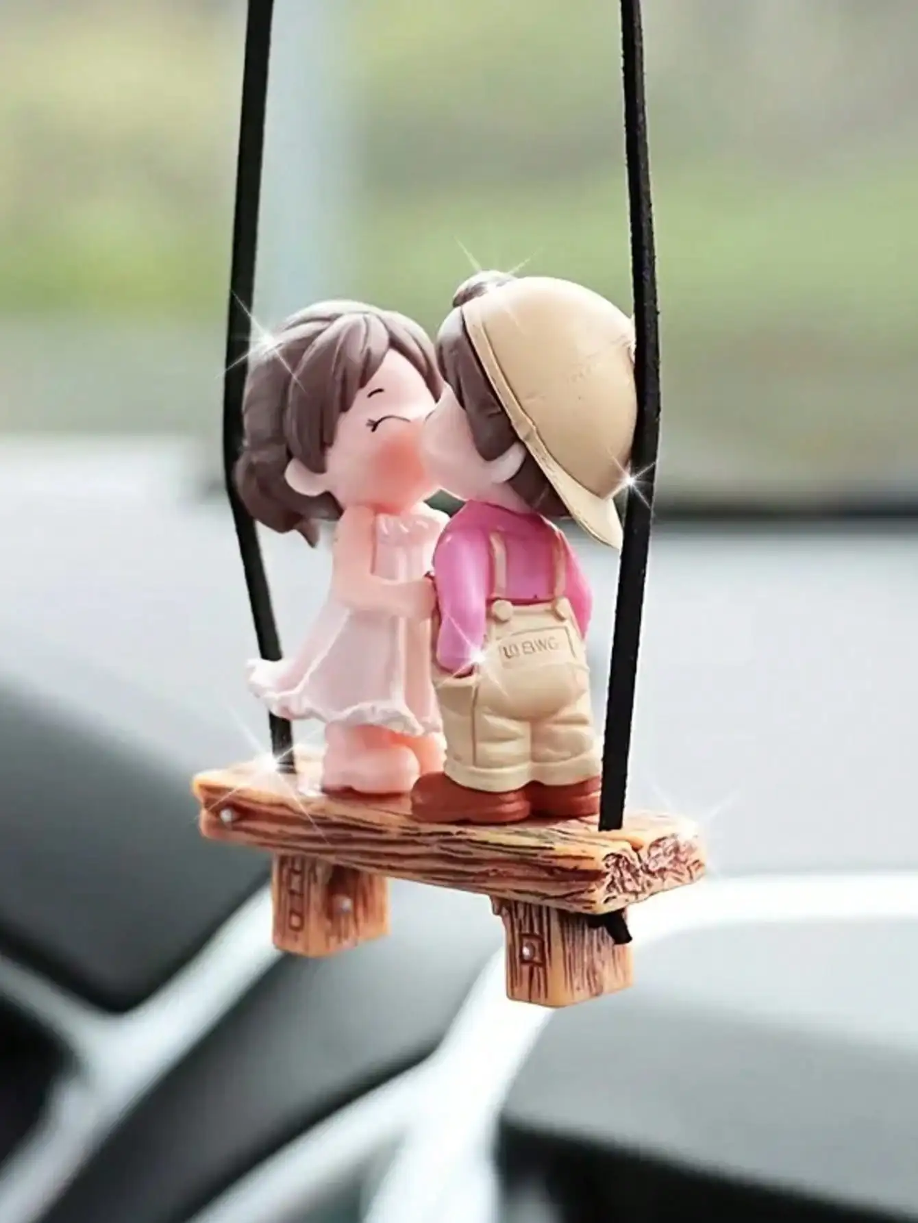 1Pc Couple Dolls (White Dress & Blue Dress) – Romantic Car Decoration, Hanging Charm for Car Rearview Mirror.