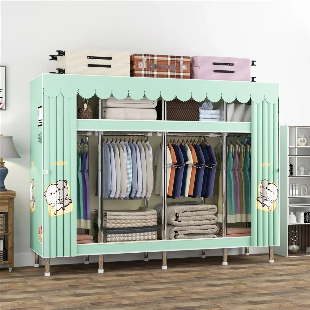 '4-Column Collapsible Portable Canvas Wardrobe with Steel Frame Foldable Clothes Hanging Closet Mobile Cupboard