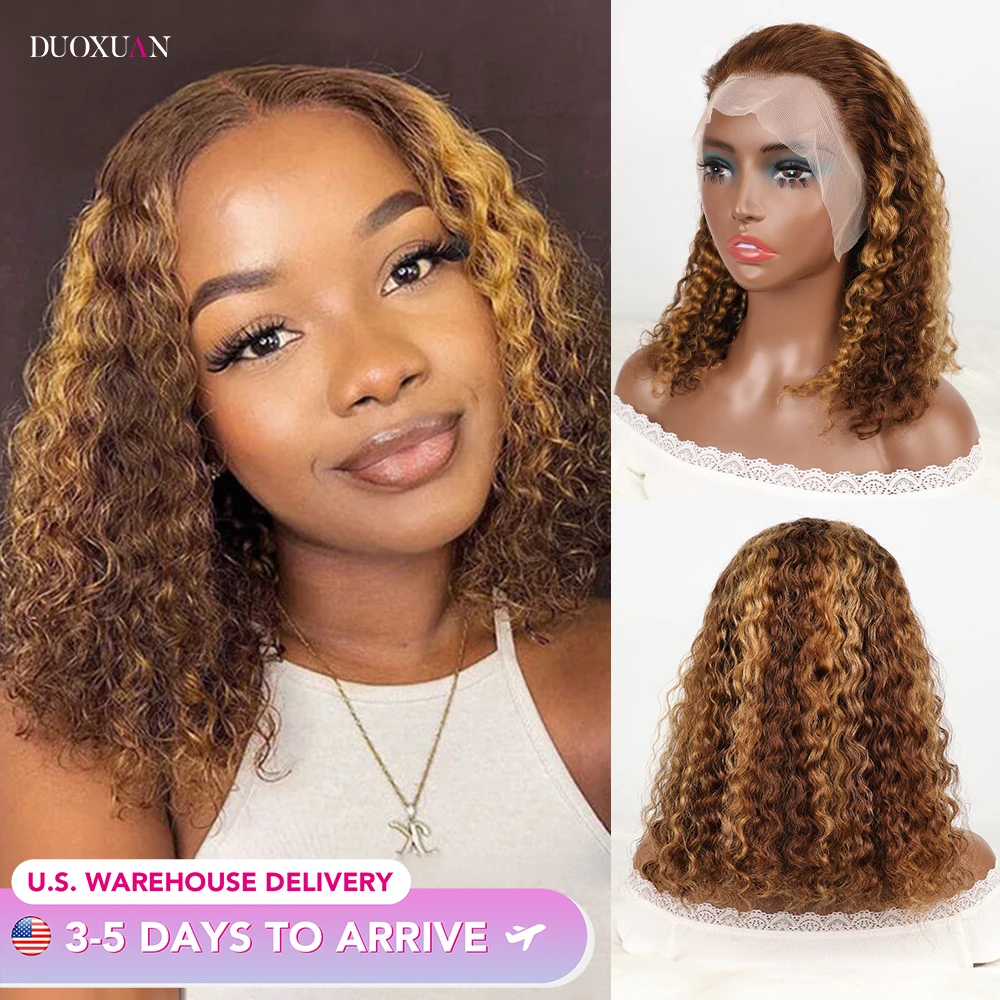 

Highlight Deep Wave Lace Front Wigs Human Hair Pre Plucked 4/27 Bob Wig Curly Lace Frontal Wigs Human Hair for Women Baby Hair