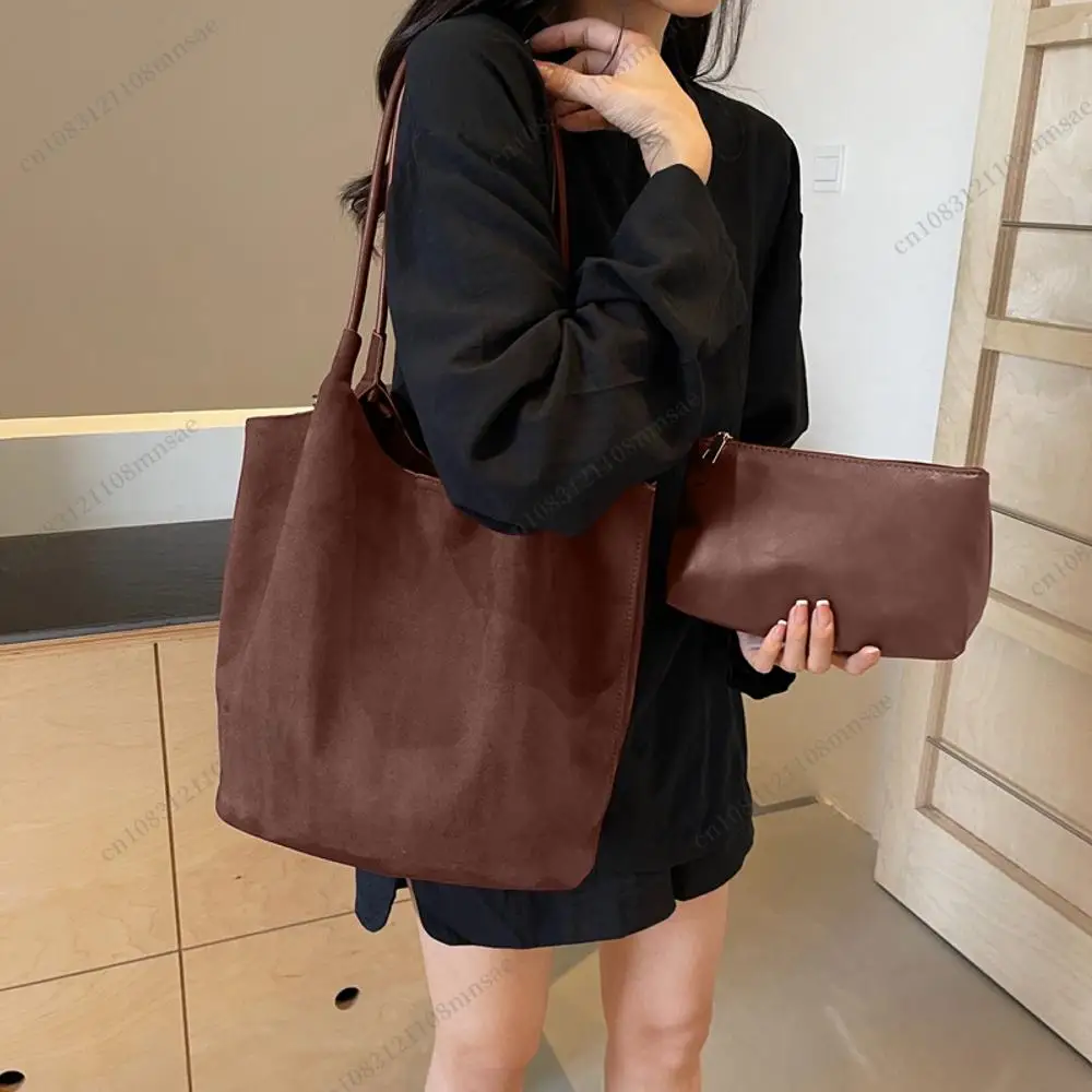 Women Suede Shoulder Bags Work Travel Tote Women's Handbags Large Capacity Bag Solid Color Simple Casual Commuter Bag