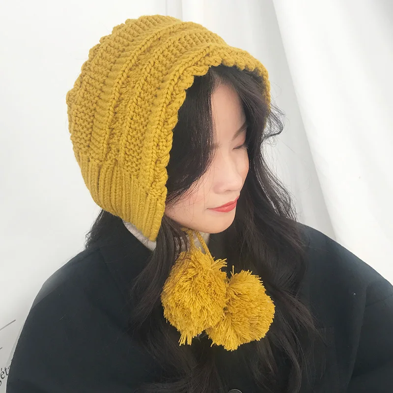 韓国風ニットウール帽子、タッセル付きボウイヤーカバー、女性用、おしゃれで多用途なケーブルニットキャップ、保温性抜群