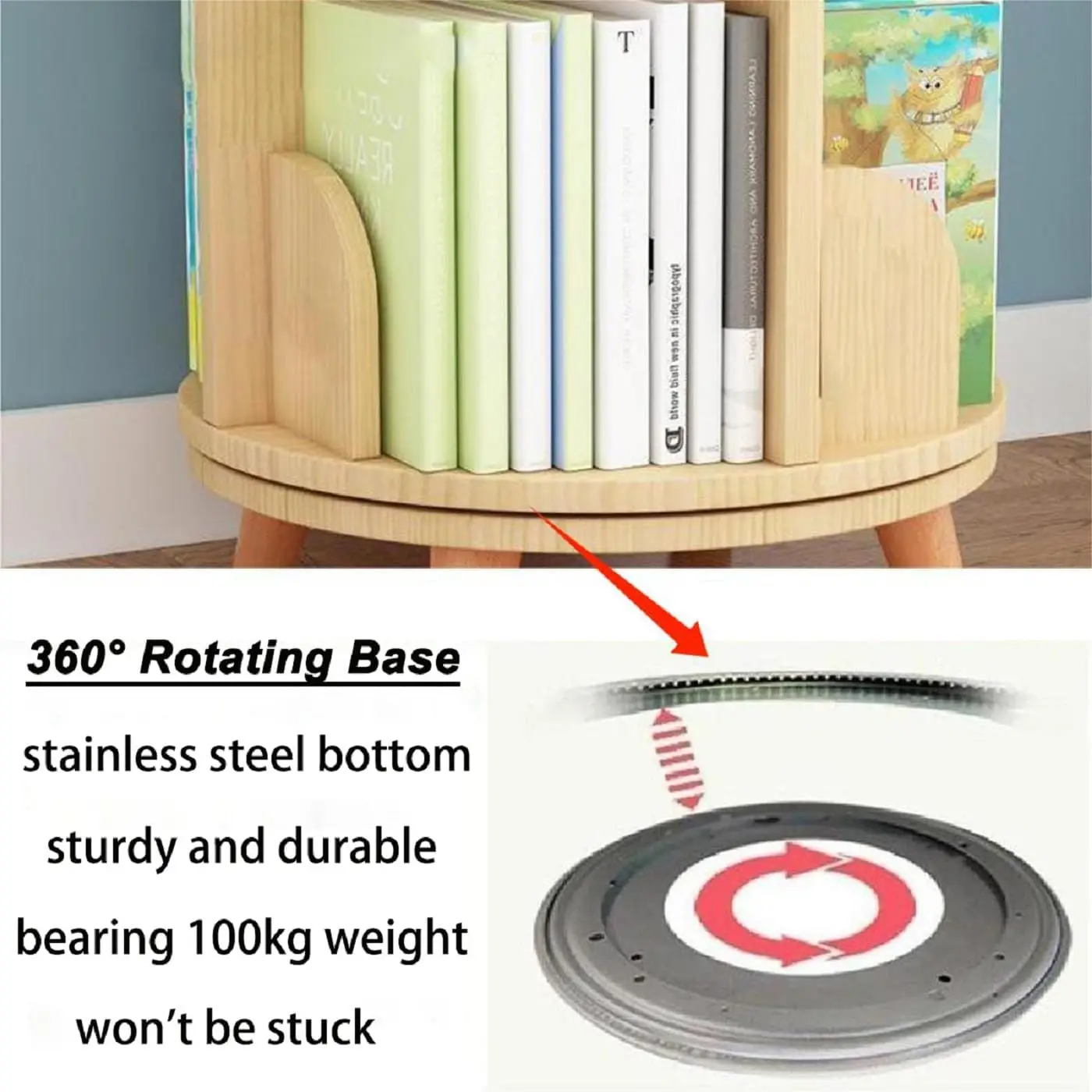 Tier Rotating Bookshelf with Legs, Revolving Bookcase Standing Kids Rotating Bookshelf Wood Bookcase Round Bookshelf 360 Display