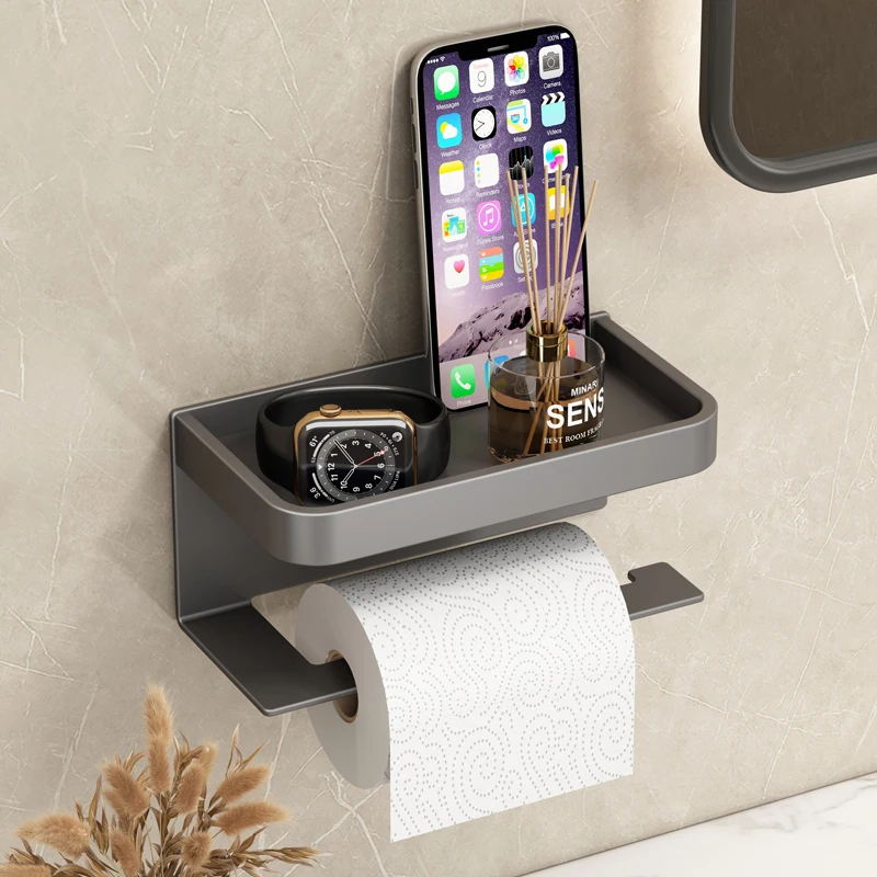 

Waterproof Wall Mounted Toilet Paper Holder with Shelf Space, Aluminium Tissue Box, Storage Rack for Bathroom Accessories