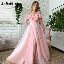 Pink 3D Flower A-line Organza Wedding Dress Off The Shoulder High Slit Bridal Robe For Bride To Be Wed Party Evening Dress