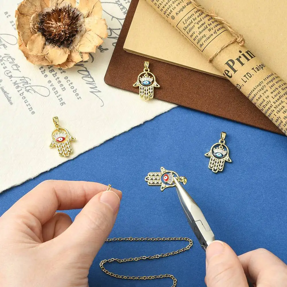 4pcs Alloy Golden Hamsa Hand Charms Micro Pave Crystal Evil Eye Pendants Bulk for DIY Necklace Bracelet Craft Jewelry Making