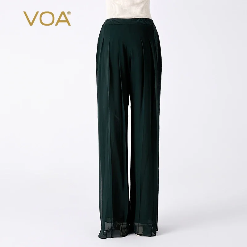 VOA 100% Silk Georgette Dark Green Natural Waist Stitching Jacquard Asymmetric Design Double-layer Silk Straight Pants KE885