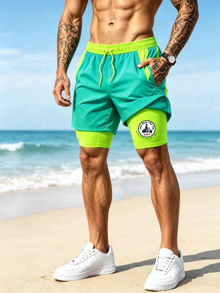 Men'S Double Layer Beach Shorts With Print Compression Inner Quick Dry Swimming Trunks Elastic Drawstring Surfing Swimsuit