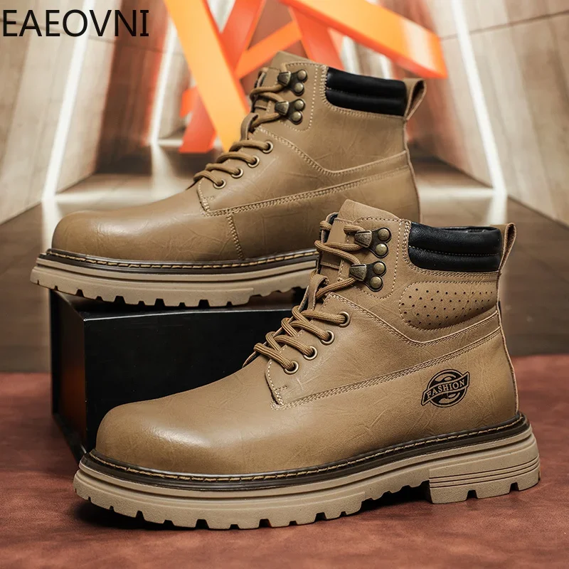 Botas masculinas casuais para motocicleta, bico redondo, bota de inverno para manter o calor, nova chegada, sapatos de couro masculinos, com cadarço, resistente, pelúcia quente