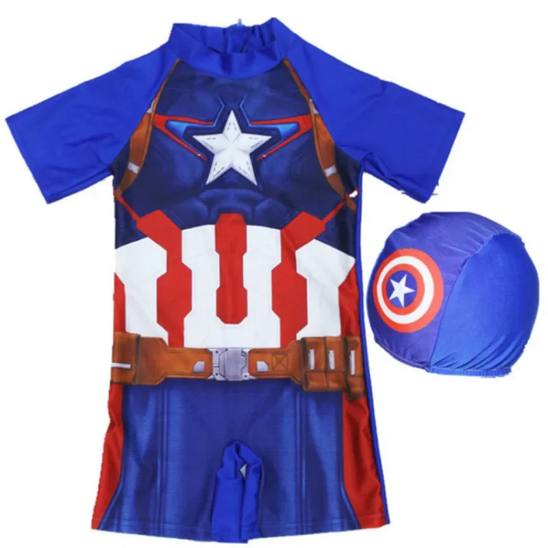 Baby Boys One Piece Swimsuit Hats 2 Pcs Set Swimwear Cartoon Spiderman Suit Boys Captain America Kids Girl Sport Baby Beachwear