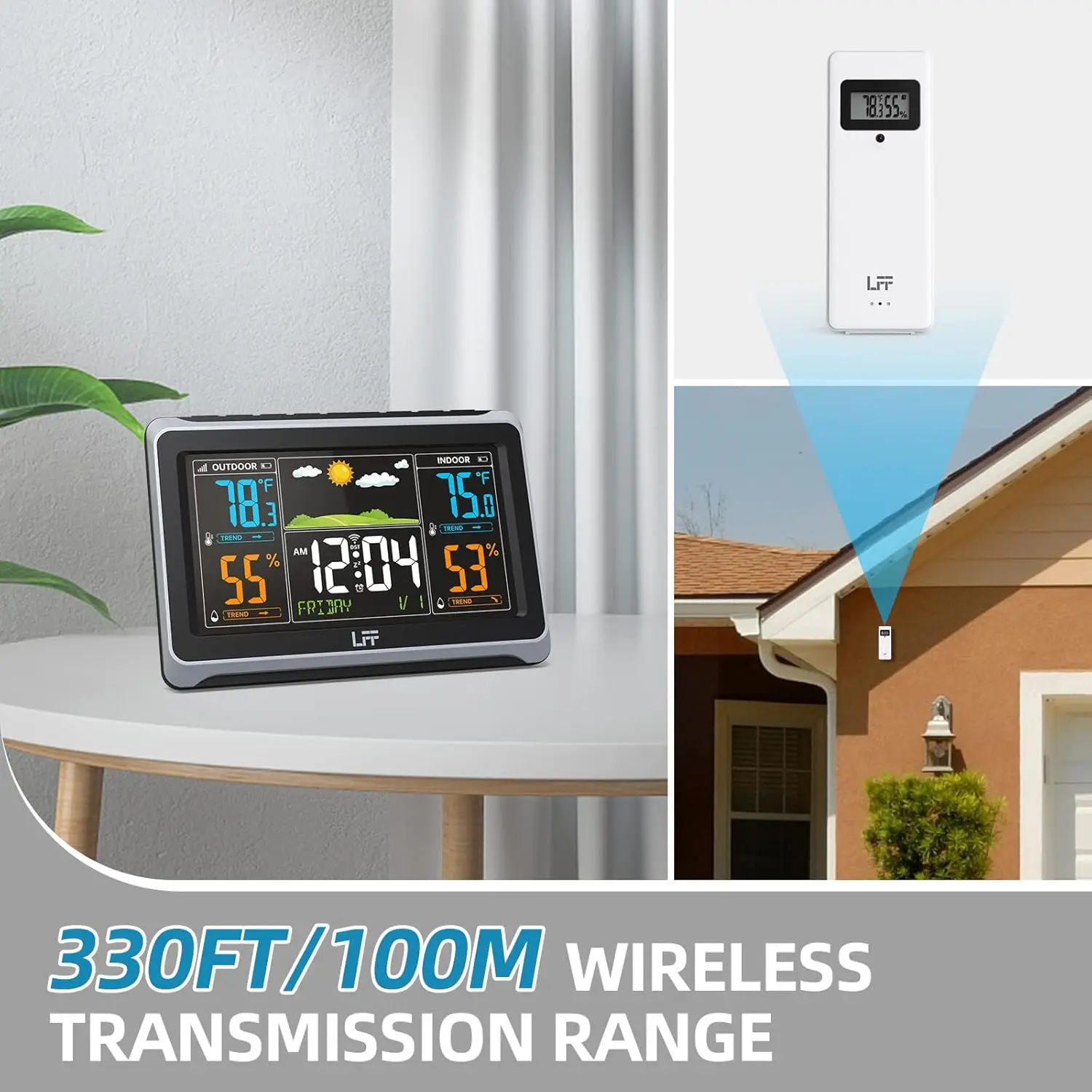 Wireless Weather Station Indoor Outdoor with Digital Thermometer, Color Display, Atomic Clock & Backlight