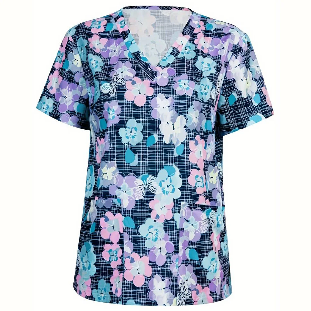 Surgical Uniforms Woman Flower Print V-Neck Micro-Stretch Dental Nurse Tops Short Sleeves with Pockets Nursing Uniform for Women