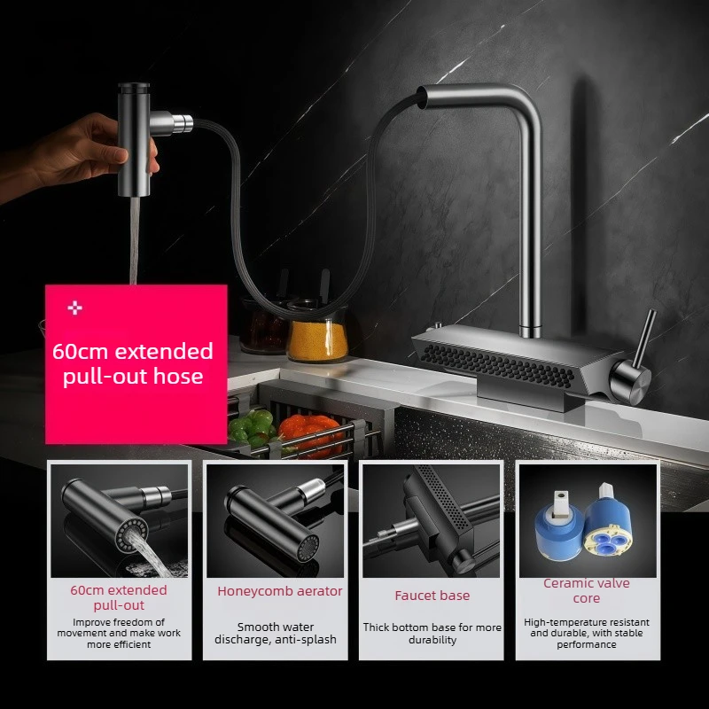 Kitchen Faucet Black Gold Smart Splash-Proof Rotatable Household Sink Pull-Out Hot and Cold Water Fine Rain Faucet